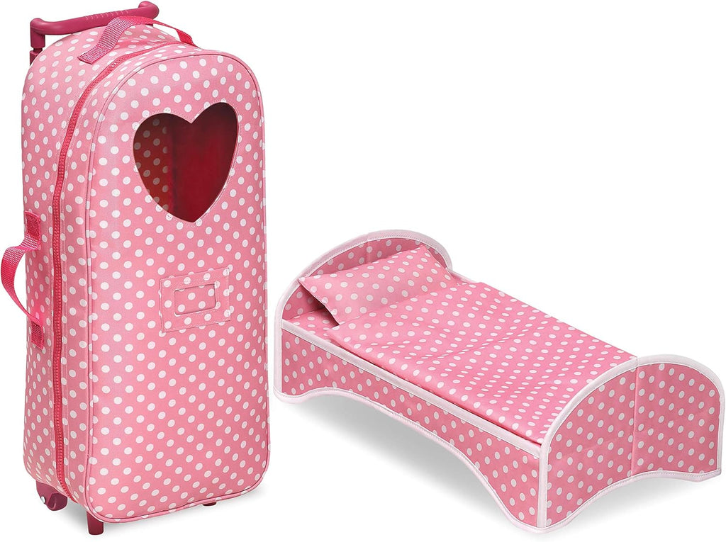 Pink Polka Dot Doll Trolley Travel Carrier with Rocking Bed and Bedding U38645