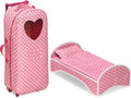 Pink Polka Dot Doll Trolley Travel Carrier with Rocking Bed and Bedding U38645