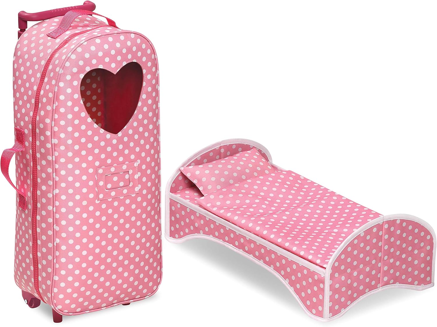 Pink Polka Dot Doll Trolley Travel Carrier with Rocking Bed and Bedding U38645