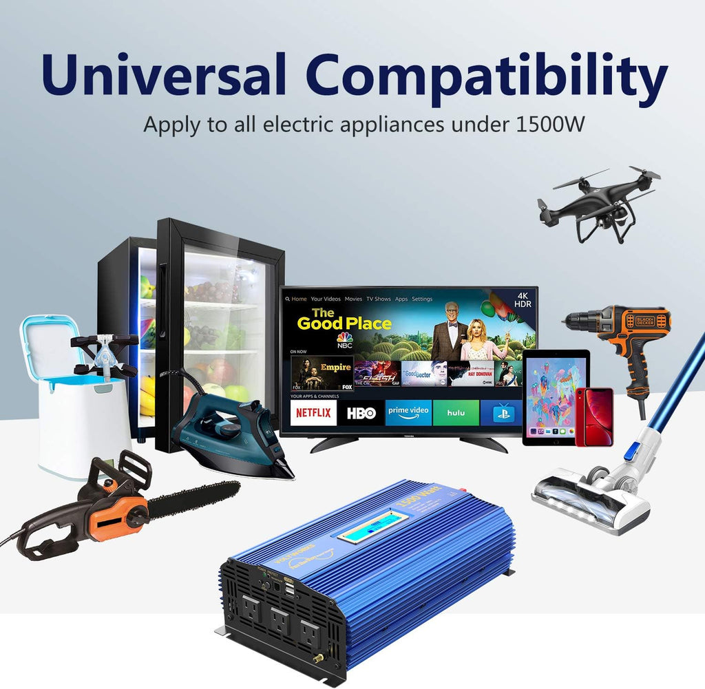 1500W Pure Sine Wave Power Inverter DC 12v to AC 110V-120V with Remote Control LCD Display P88051