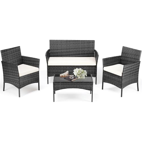 Black 4 Piece Outdoor Wicker Patio Furniture Set with Coffee Table and Sofa Y795177