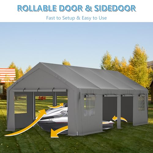 Carport 20x12ft Portable Garage with Roll-up Ventilated Windows & Removable Sidewalls P866