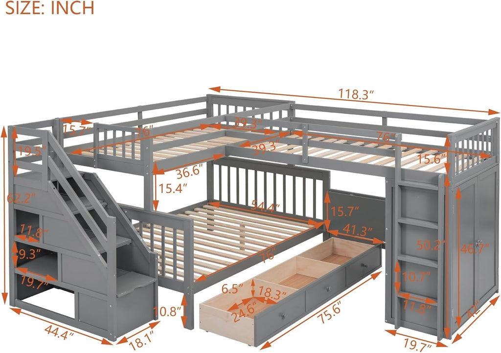 Twin-Twin Over Full L-Shaped Bunk Bed with 3 Drawers Wardrobe Solid Wood Grey N232