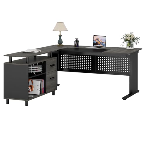 Gray and Black L Shaped Executive Desk with File Cabinet and Drawers K4845