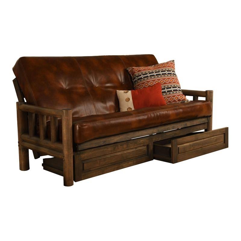 Rustic Walnut Full Size Futon Frame with Mattress and Storage Drawers H356
