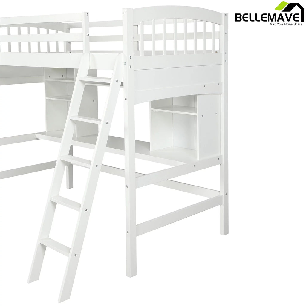 Twin Size High Loft Bed with Storage Shelves, Desk and Ladder Solid Wood Bed Frame with Safety Guardrails White D77146