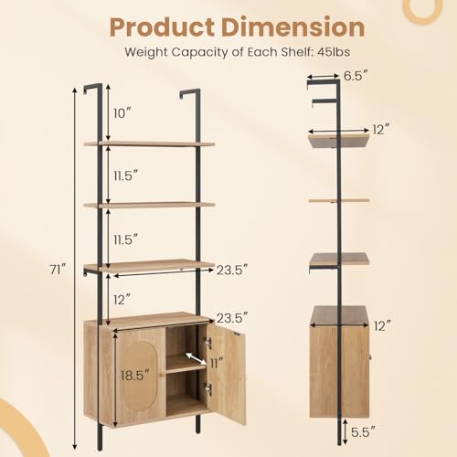 6-Tier Ladder Bookshelf with Cabinet, 71" Tall Wall Mount Shelf Bookcase with Metal Frame & Rattan Cabinet Bottom S776