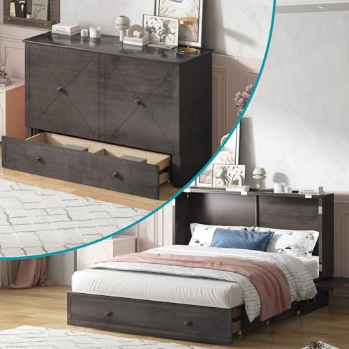 Murphy Bed with USB Charging Station, Memory Foam Queen Size Mattress, Storage Drawer N782