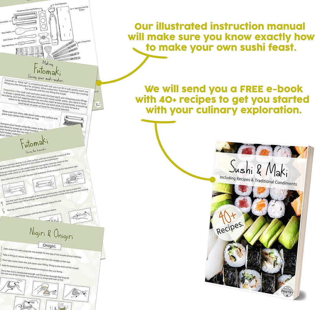 Bamboo Sushi Making Kit with Maki Maker, Sushi Mat, Onigiri Mold Set, Sushi Plate, Chopstick Set, Rice Paddle V7490