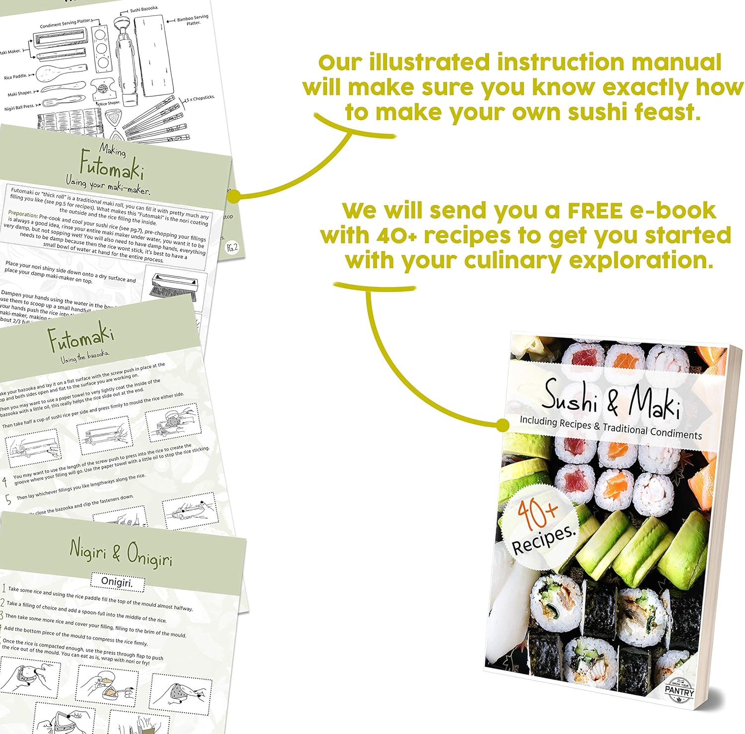 Bamboo Sushi Making Kit with Maki Maker, Sushi Mat, Onigiri Mold Set, Sushi Plate, Chopstick Set, Rice Paddle V7490