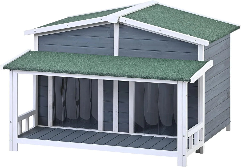 Gray Green Wooden Dog House with Porch 2 Doors Q801944