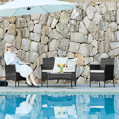 Black 4 Piece Outdoor Wicker Patio Furniture Set with Coffee Table and Sofa Y795177