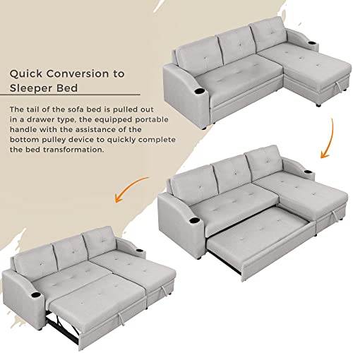 80.3" Linen Fabric 3 Seater Sofa Bed with Storage Chaise W6260