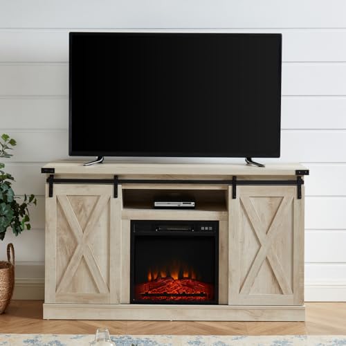White Oak Electric Fireplace TV Stand with Sliding Barn Door, 54"x15.5"x31" E219