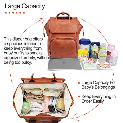 Brown Waterproof Large Leather Diaper Bag Backpack with Changing Mat R4563