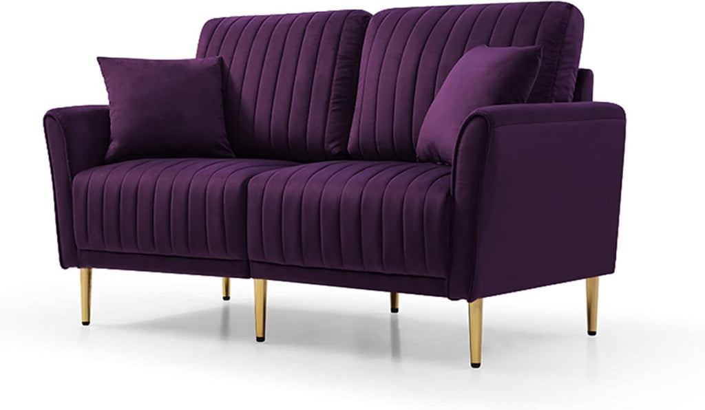 Purple Velvet Round Arm Loveseat Sofa with 2 Throw Pillows Y4063