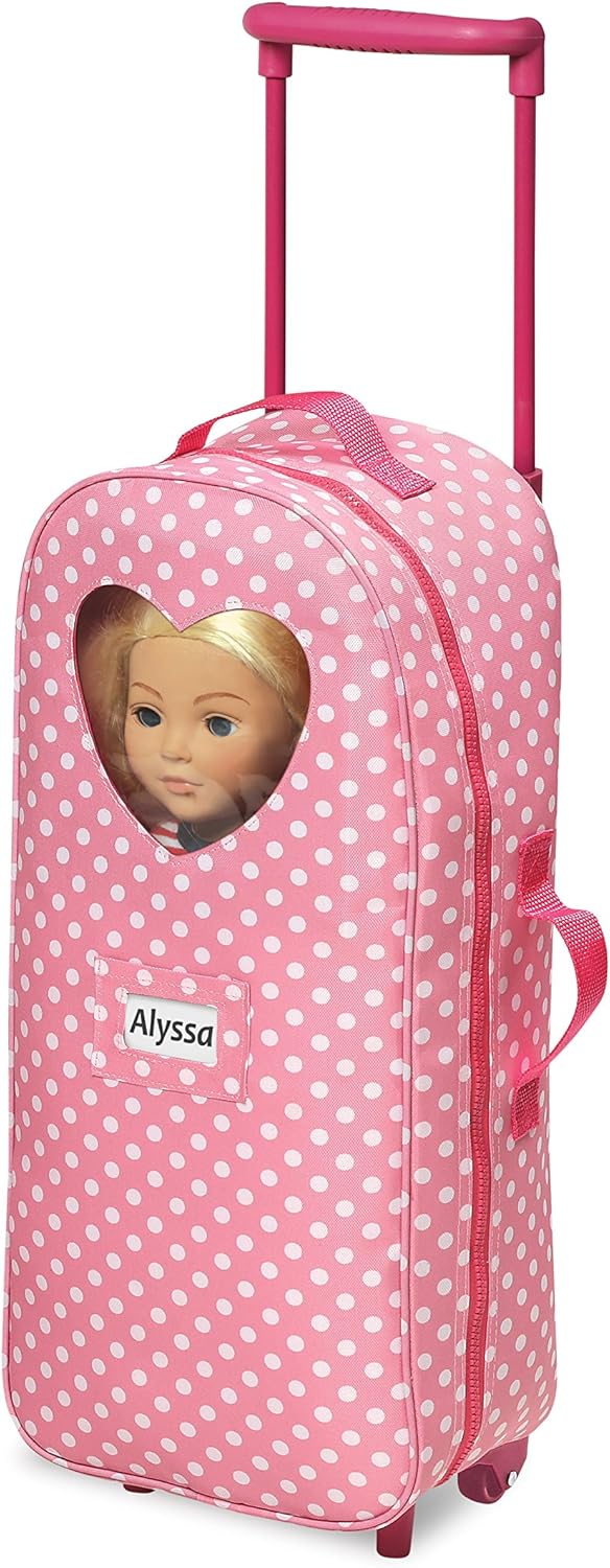 Pink Polka Dot Doll Trolley Travel Carrier with Rocking Bed and Bedding U38645