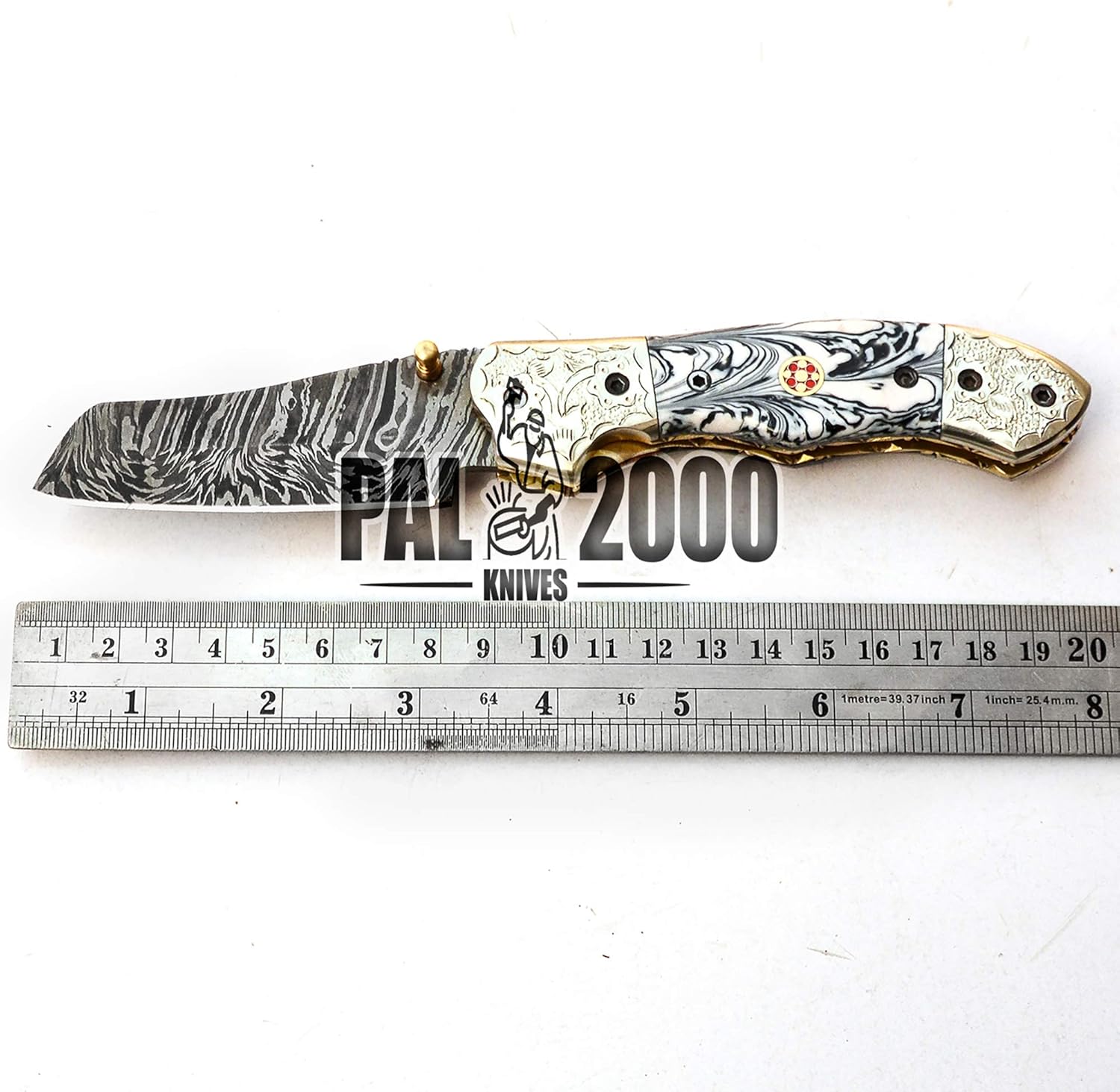 Handmade Damascus Steel Folding Pocket Hunting Knife with Sheath P1925