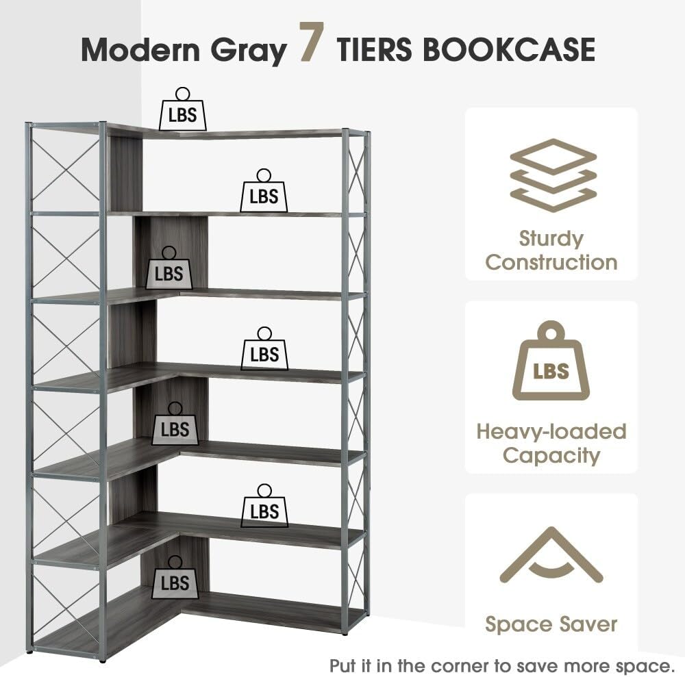 7-Tier L-Shaped Corner Bookcase Open Storage Silver MDF G252501