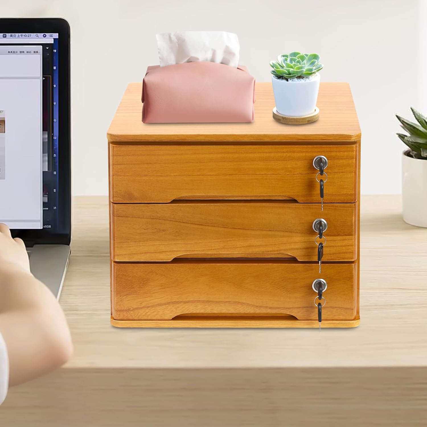 3-Tiers Wooden Desktop Storage Box with Lockable Drawers C679885