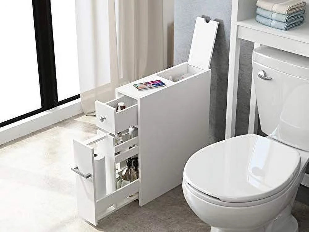 White Slim Bathroom Storage Cabinet with Toilet Paper Holder and Slide Out Drawer P834