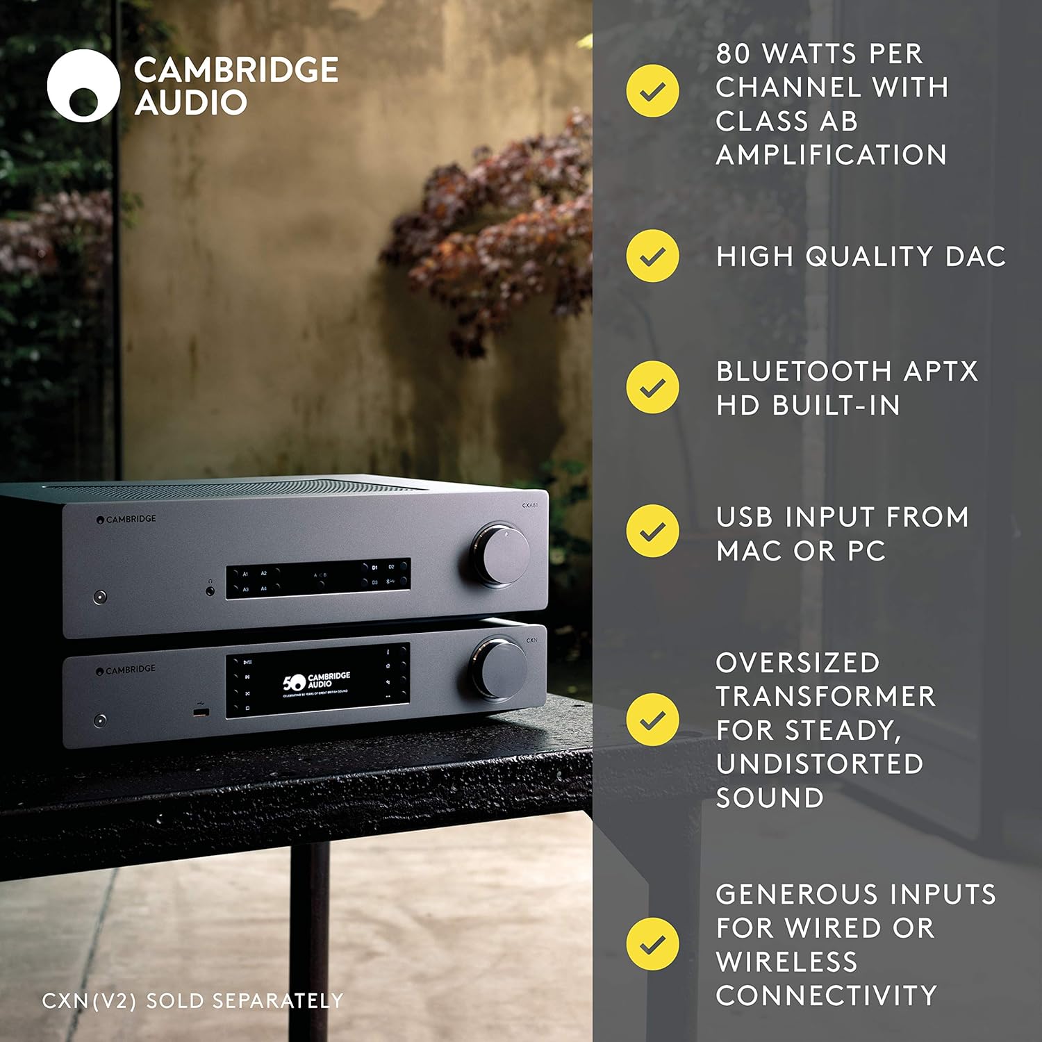 Stereo Two-Channel Amplifier with Bluetooth and Built-in DAC - 80 Watts Per Channel (Lunar Grey) N6689