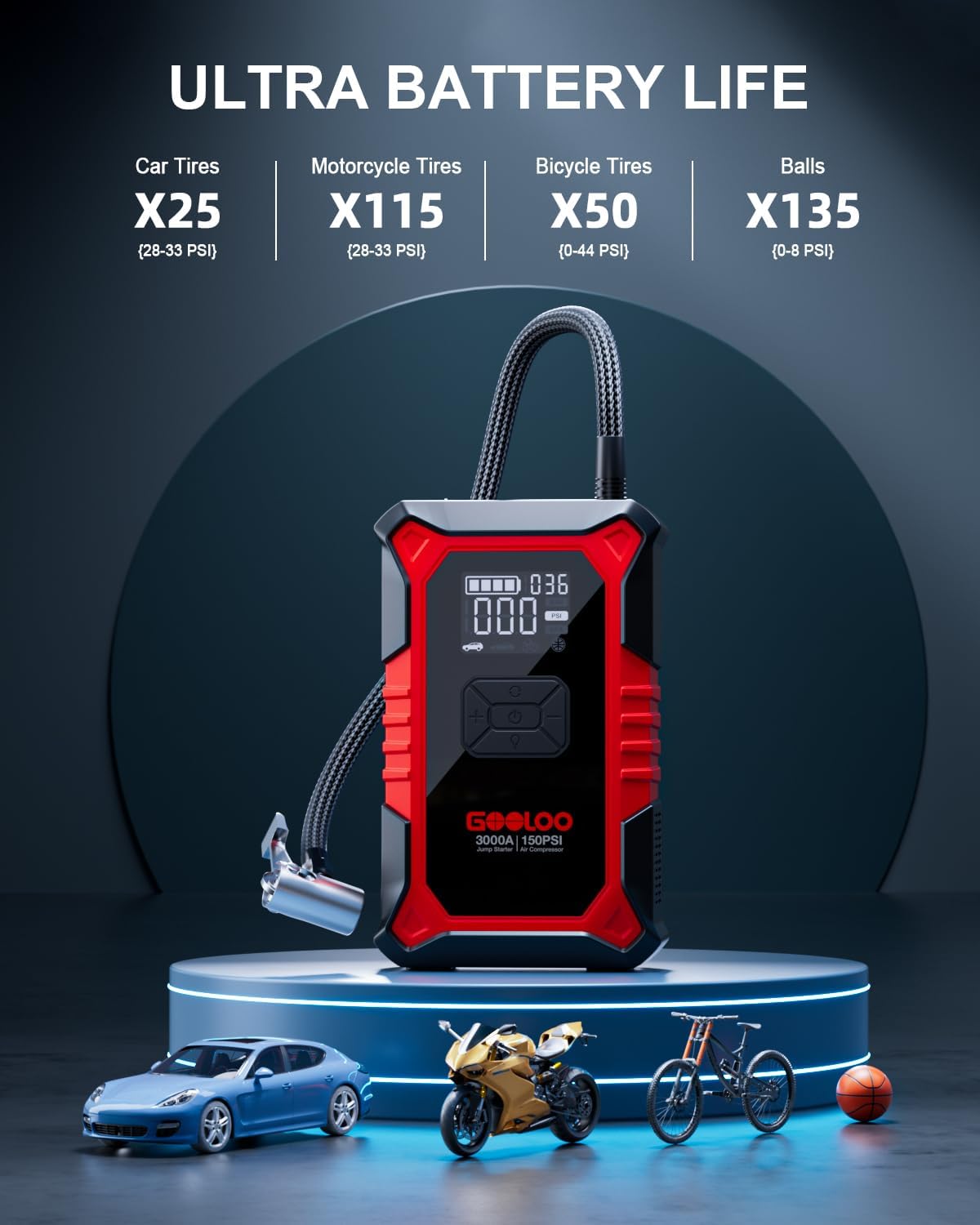 3000A Portable Car Battery Booster with 150PSI Tire Inflator B9530