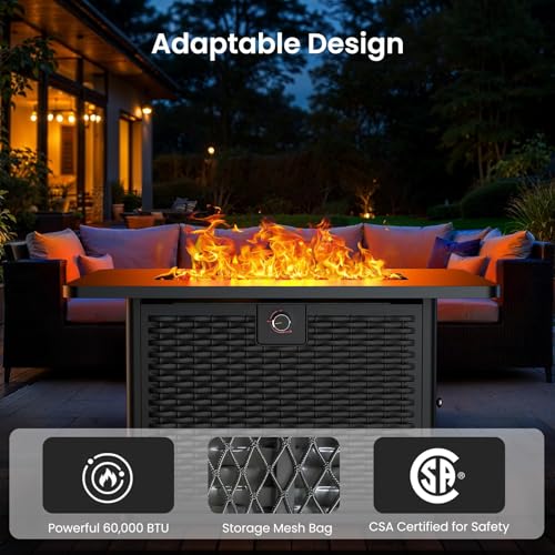 43-Inch Rectangular Propane Fire Pit with 60,000 BTU Output, Cover and Rocks, 304 Stainless Steel H-Burner E8271