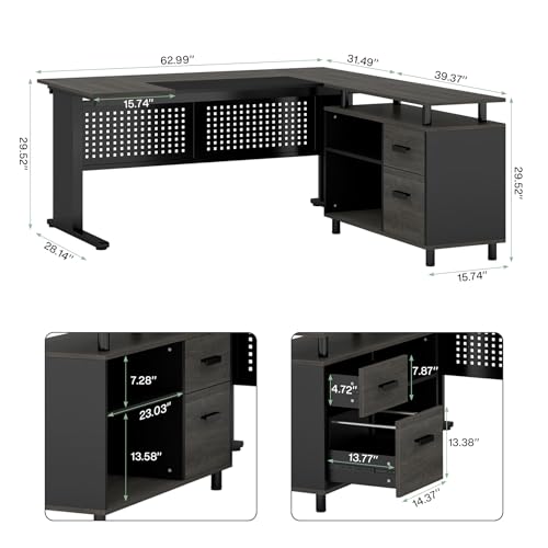 Gray and Black L Shaped Executive Desk with File Cabinet and Drawers K4845