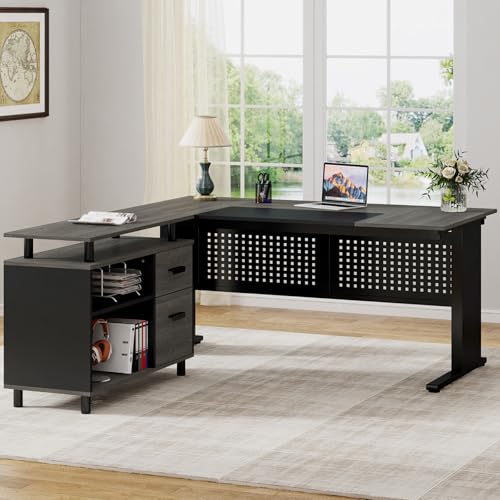 Gray and Black L Shaped Executive Desk with File Cabinet and Drawers K4845