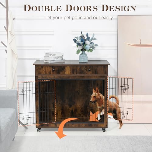 Grey 31.7" L×23.2" W×33" H Wooden Dog Crate with 2 Drawers D442