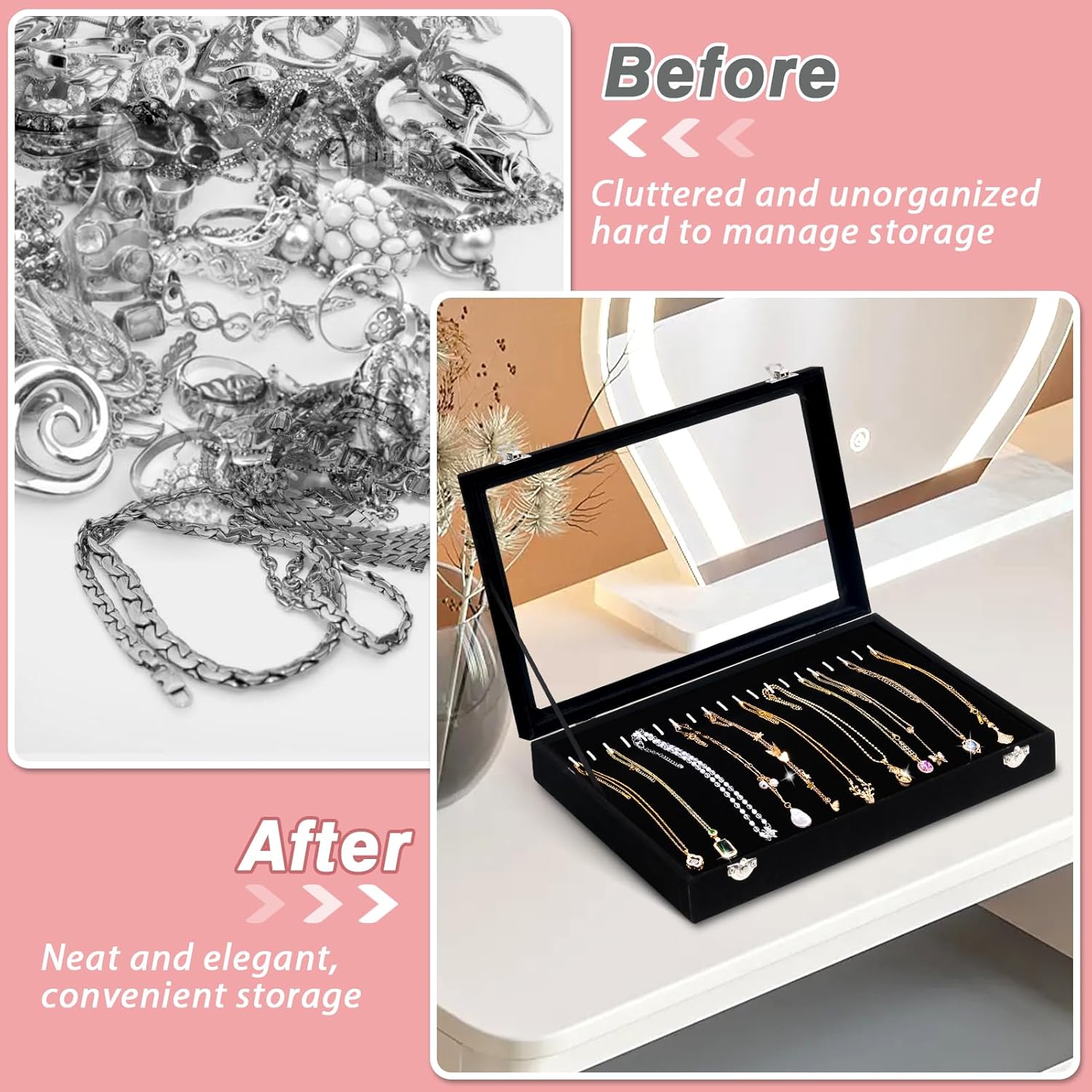 20 Hooks Velvet Jewelry Tray Necklace Organizer Box with Clear Lid C76389
