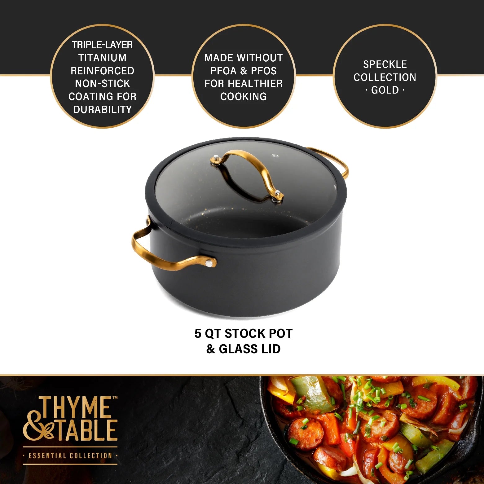 Non-Stick 5 QT Stock Pot with Glass Lid, Black & Gold X981979