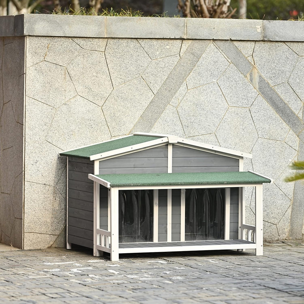 Gray Green Wooden Dog House with Porch 2 Doors Q801944