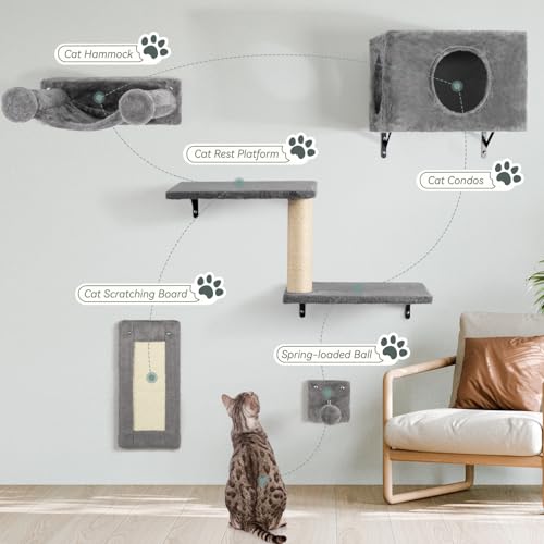5-in-1 Wall-Mounted Cat Climber Set with House, Bridge, Steps, Scratcher, Hammock, Shelves E936035