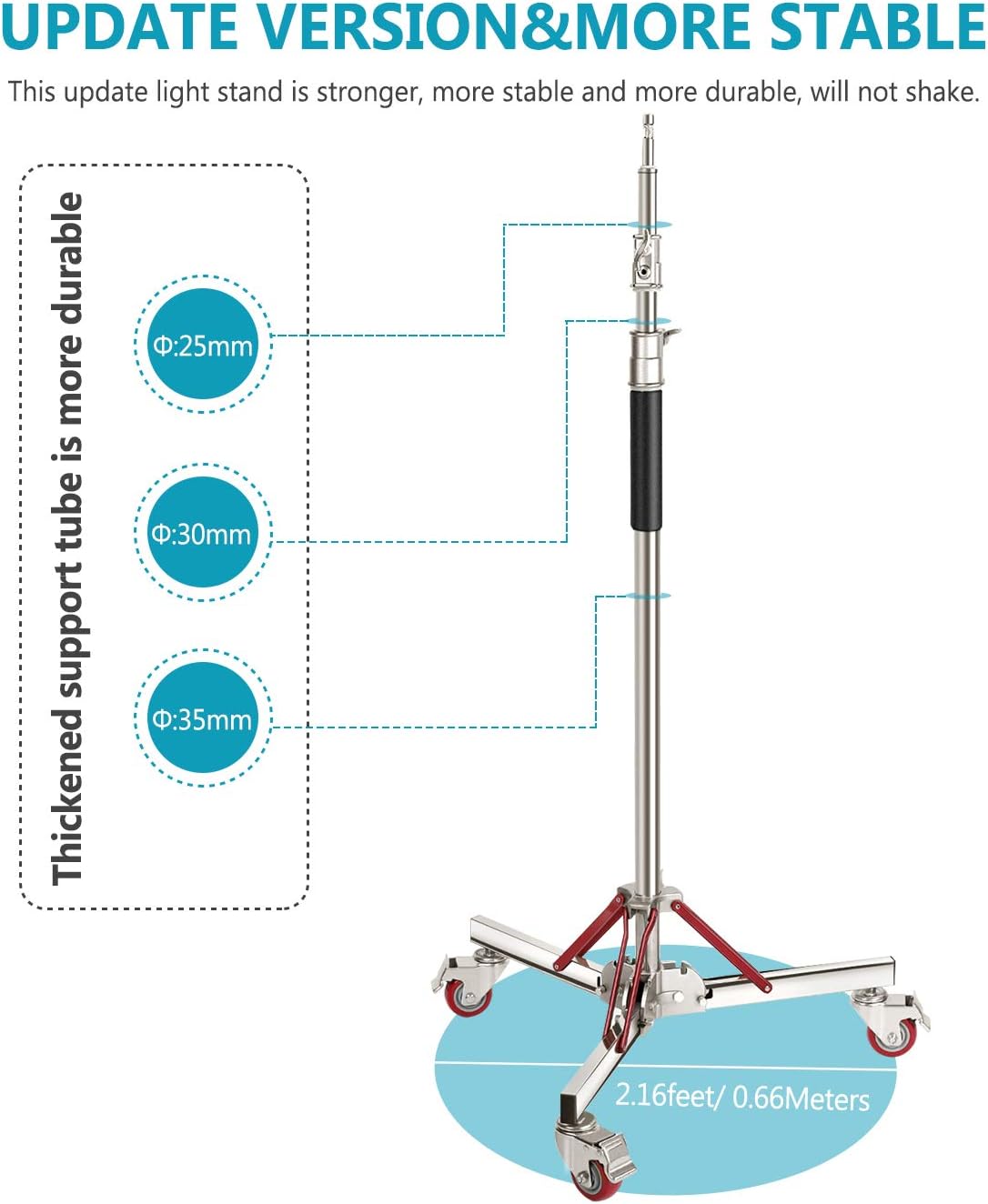 Heavy Duty Light Stand with Casters, Adjustable Tripod Stand, 100% Stainless Steel, Max Height: 10ft/305cm Y1320