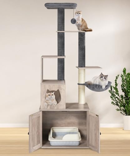 Greige 67.7" H Wooden Cat Tree with Litter Box Enclosure N9284
