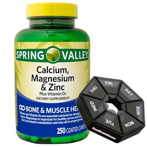 Calcium, Magnesium & Zinc Plus Vitamin D3 Coated Caplets, 250 Count + Weekly Pillbox E855