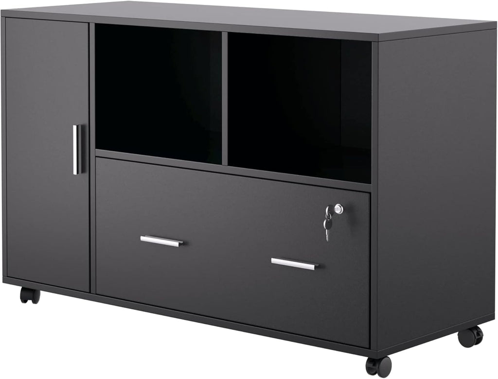 Black Wood Lateral File Cabinet with Lock B410237