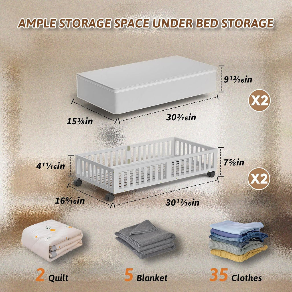 White 2 Pack Large Wood Rolling Underbed Storage Drawers H806