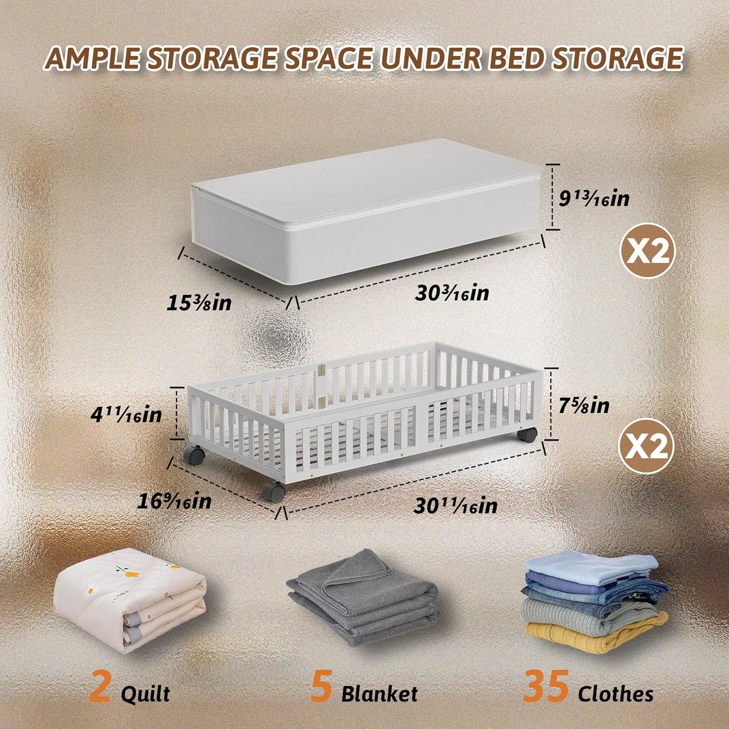 White 2 Pack Large Wood Rolling Underbed Storage Drawers H806