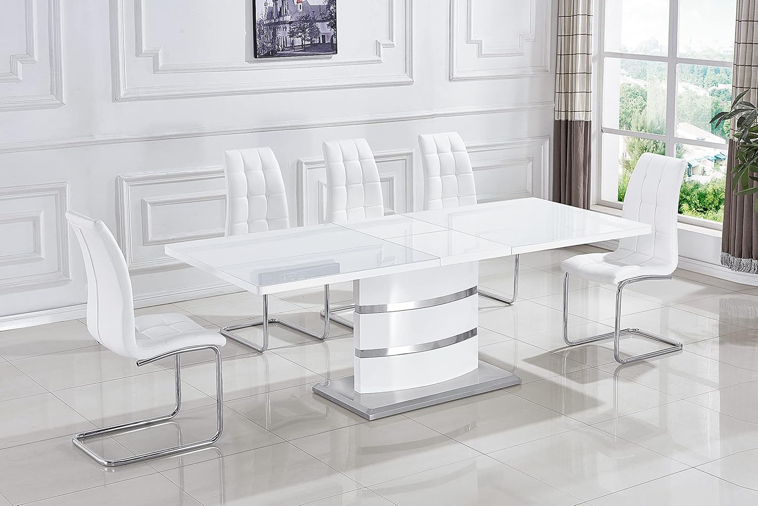 Extendable Dining Table with Butterfly Leaf, White High Gloss Lacquer MDF Base, Stainless Steel, 8 to 12 Person W890675