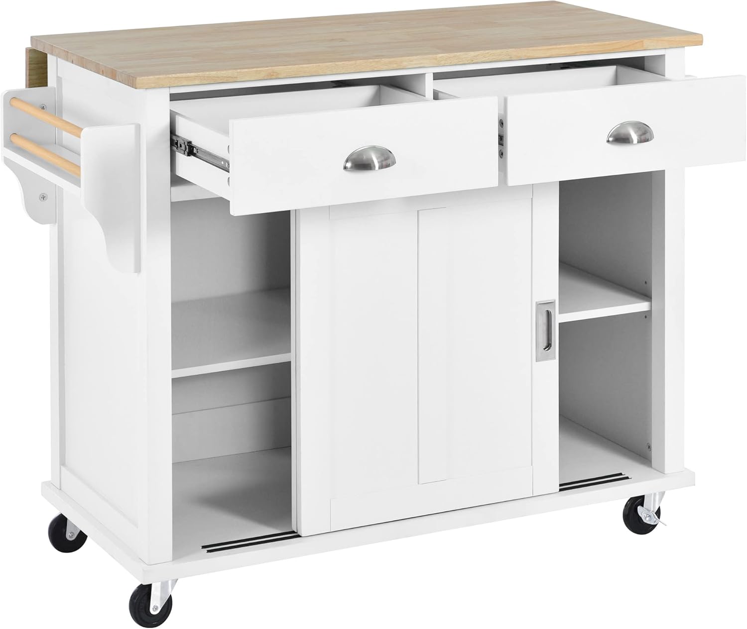 Mobile Kitchen Island Cart with Spice Rack and Towel Rack, Rolling Kitchen Island with Drop Leaf, 2 Drawers and Sliding Barn Doors Y8263