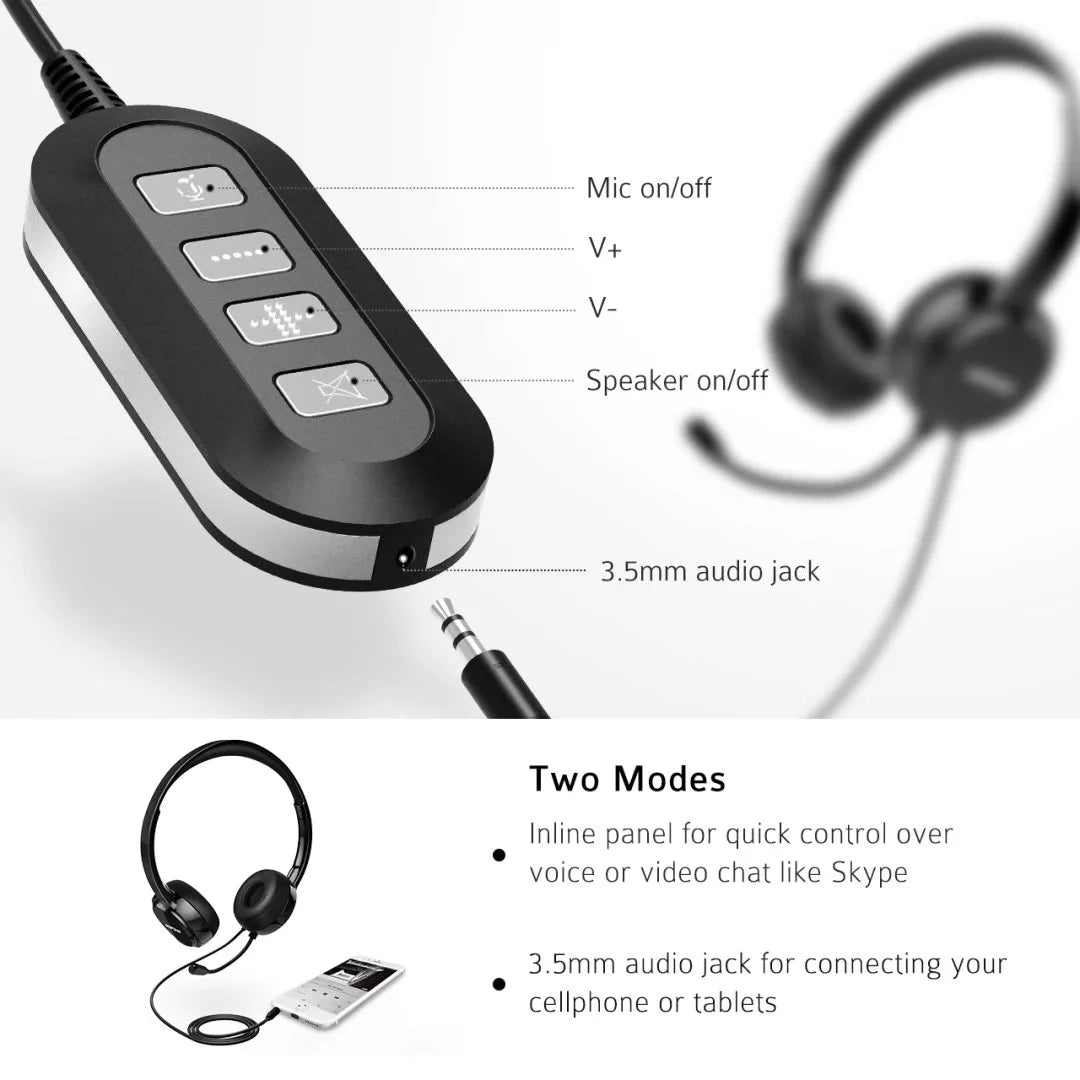 USB Headset with Microphone Noise Cancelling Lightweight Wired Headphones B345