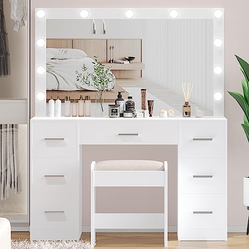 White Vanity Desk with Lighted Mirror and Drawers V85958