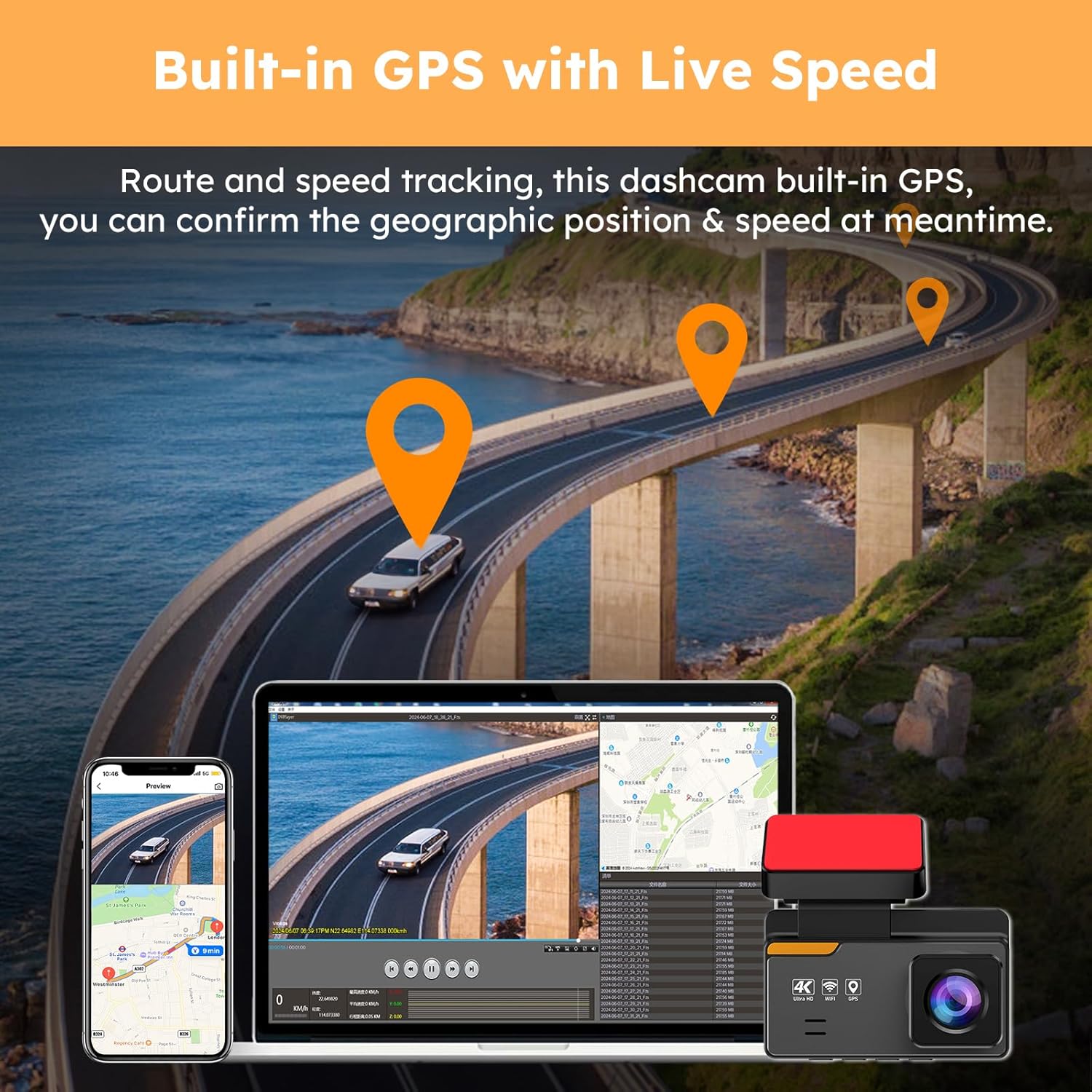 4K Dash Cam Front and Rear with WiFi & GPS D129812
