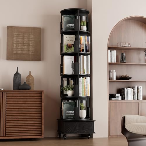 Black 5-Tier Rotating Book Shelf with Drawer V94623