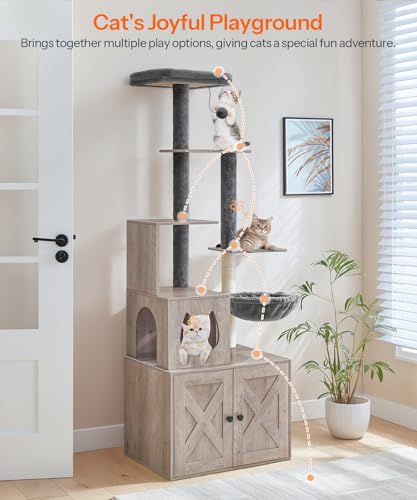 Greige 67.7" H Wooden Cat Tree with Litter Box Enclosure N9284