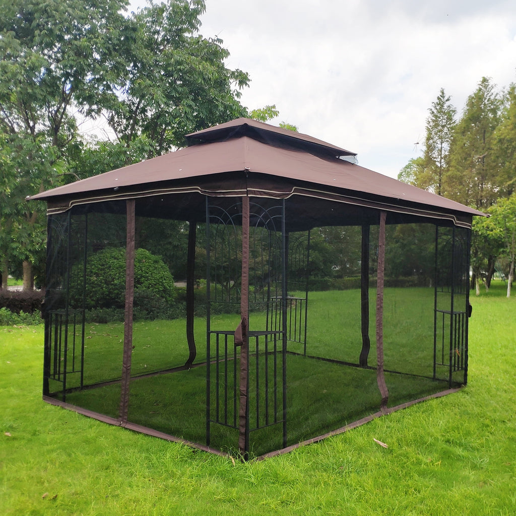 Brown Outdoor Patio Gazebo Canopy Tent With Mosquito Net L61025