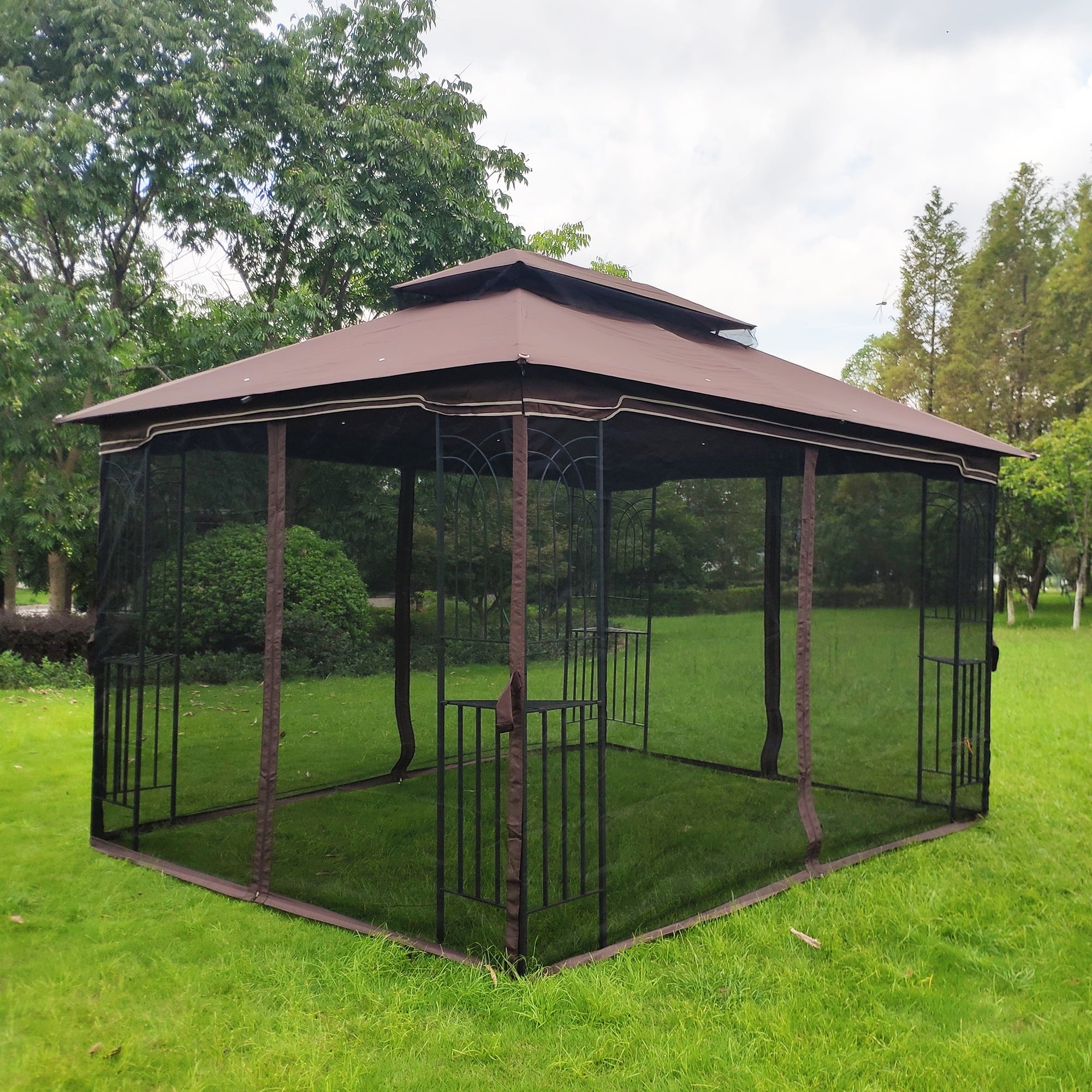 Brown Outdoor Patio Gazebo Canopy Tent With Mosquito Net L61025
